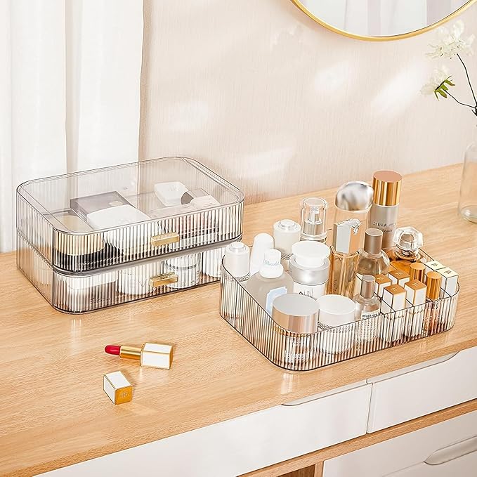 Clear Makeup Organizer for Vanity, Large Desk Organizer with Stackable Drawers for Cosmetics, Skincare, Lipsticks, Eyeshadow Palette, Nail Care, Ideal Storage for Dresser and Bathroom Countertop