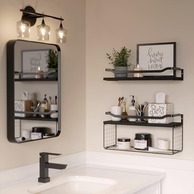 Floating Shelves with Wire Storage Basket, Toilet Paper-Black