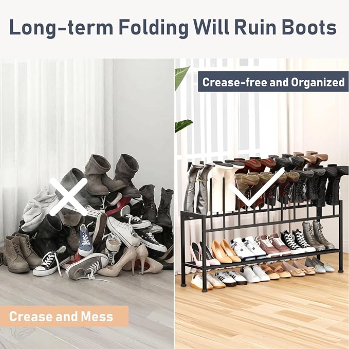 DIMJ Boot Rack 3-Tier - Black Metal Boot Storage Rack for Tall Boots Organizer, Multiuse Shoe Rack for Boots, Sneakers, High-Heel, Entryway, Fit for 10 Pairs, Black