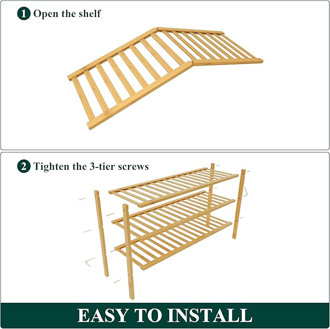 Smiry Bamboo Shoe Rack for Closet, 3 Tier Long Wooden Shoe Organizer, Stackable Wood Shoe Storage Shelf for Entryway, 14 Vertical Slats, One-piece Heavy-Duty Legs, 33.86"x11.02"x18.31", Natural
