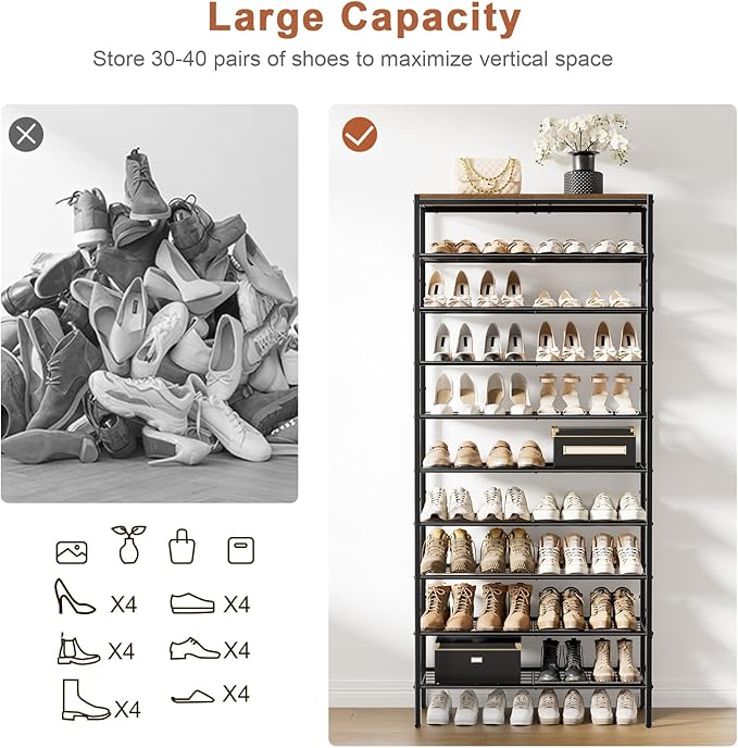 10-Tier Tall Shoe Rack Organizer Shoe Storage for Entryway 30-40 Pairs Metal Shoe Rack for Closet Heavy-Duty Shoe Rack with Wooden Top Shelf for Garage Rustic Brown