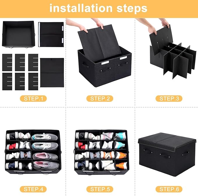 2 Pack Shoe Organizer for Closet, Foldable Shoe Storage Box with Adjustable Dividers, Large Space Saving Shoe Storage Container Fits up to 16 Pairs with Reinforced Handles (Black)