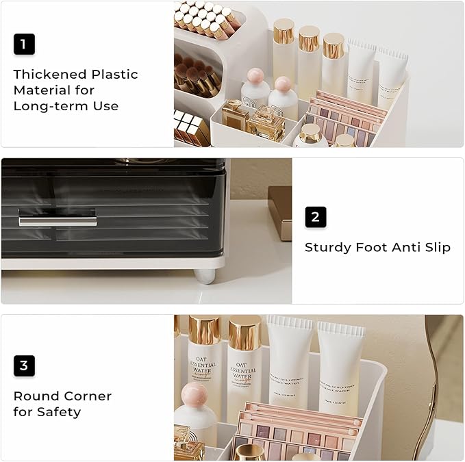 UFORU Makeup Organizer for Vanity with Brush Holder, Large Capacity Bathroom Countertop Skincare Organizer with 2 Drawers, Cosmetic Display Case for Perfumes, Eyeshadow Palettes, Nail Polishes
