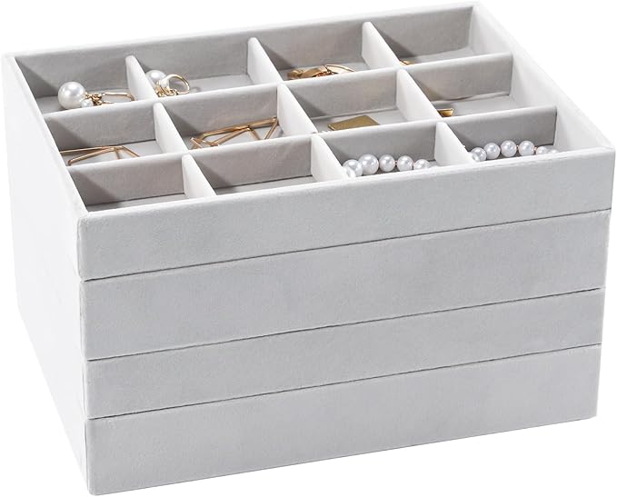 ProCase Stackable Jewelry Organizer Trays for Drawers, Jewelry Drawer Inserts Container Display Case Storage for Earring Necklace Ring Bracelet Sunglasses Glass -Grey, 4 Layers
