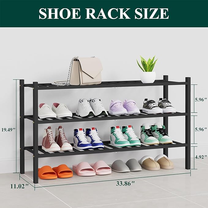 Long Bamboo Shoe Rack, 3 Tier Free Standing Wooden Shoe Organizer, Black