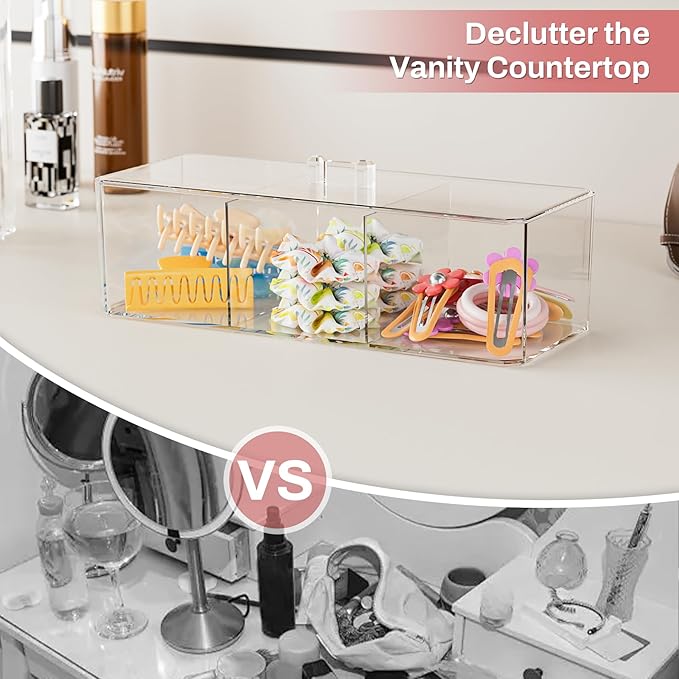Hair Accessories Organizer for Girls, Clear Hair Bow Tie Clip Scrunchie Holder Organizer with Removable Divider, Cute Small Stackable Storage Drawer Container Caddy Box, Women Vanity Accessories, 2Pcs