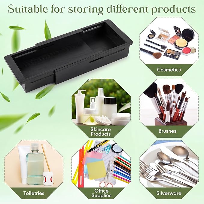 LemonRoad 1 Pcs Sliding Drawer Organizer Bin Bamboo Drawer Expandable Bins Utensil Organizer for Kitchen Spoons Forks Knives (Black)