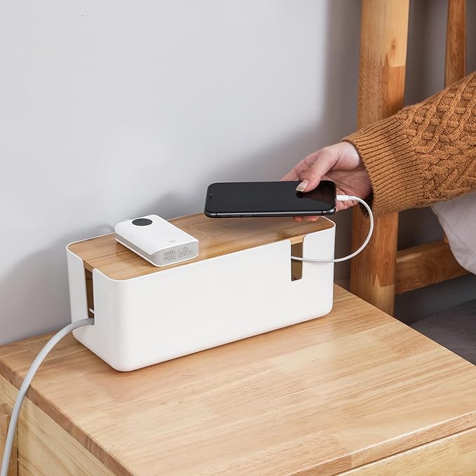 Changsuo Small Cable Management Box with Bamboo Lid for Extension Cord Power