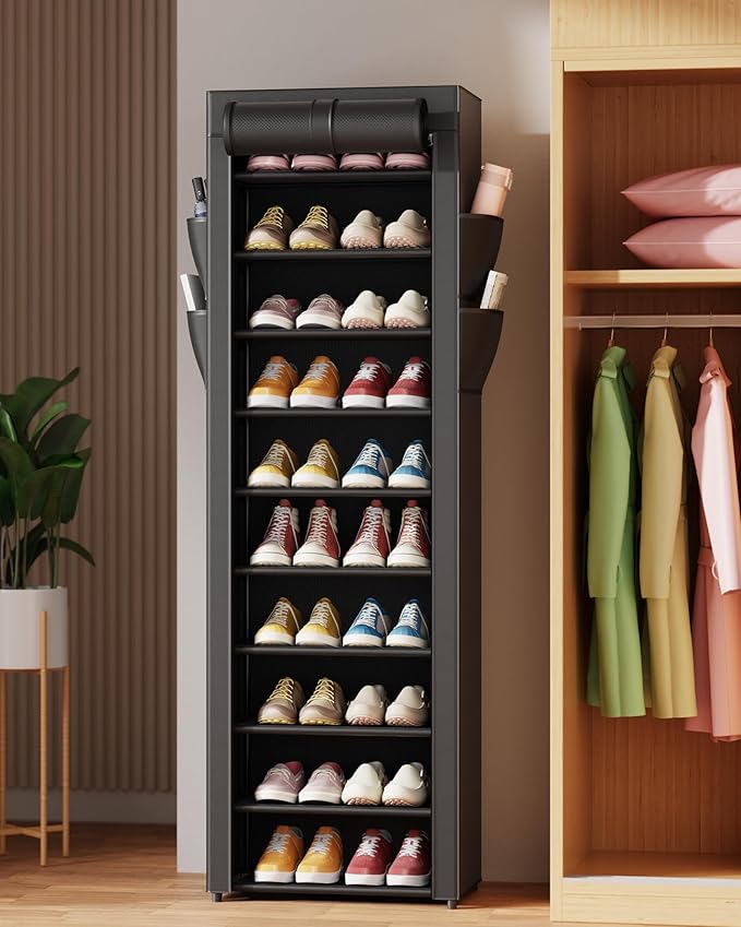 Kitsure Shoe Rack - 10-Tier Large Capacity Shoe Organizer Shelf with Dust Cover & Side Pockets, Rust-Proof Metal Shoe Rack for Closet, Entrance, Living Room, 17.5" x 12.4" x 69.3", Black