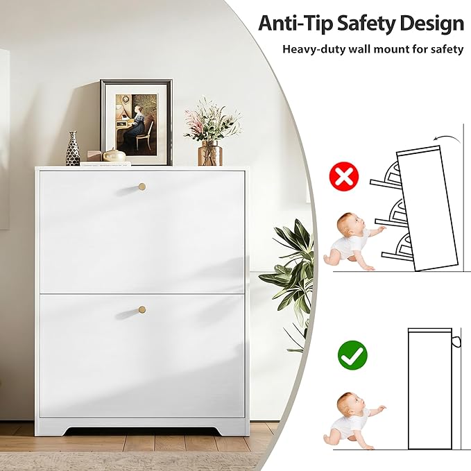 Nicetree Shoe Cabinet with 2 Flip Drawers, Narrow Shoe Organizer Cabinet, Freestanding Shoe Rack Cabinet, Modern Shoe Storage Cabinet for Entryway, Hallway, Foyer, White with Hook
