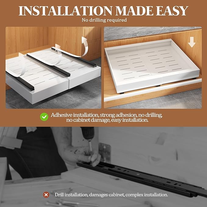 Seinloes 4 Pack Expandable Pull Out Cabinet Organizer 21"Deep With Raising Pad for Framed Cabinets,Upgrade 3 Slide Rails Slide Out Drawers,No Drill Roll Out Shelves,Adjustable Width 15.1"-26.3" White