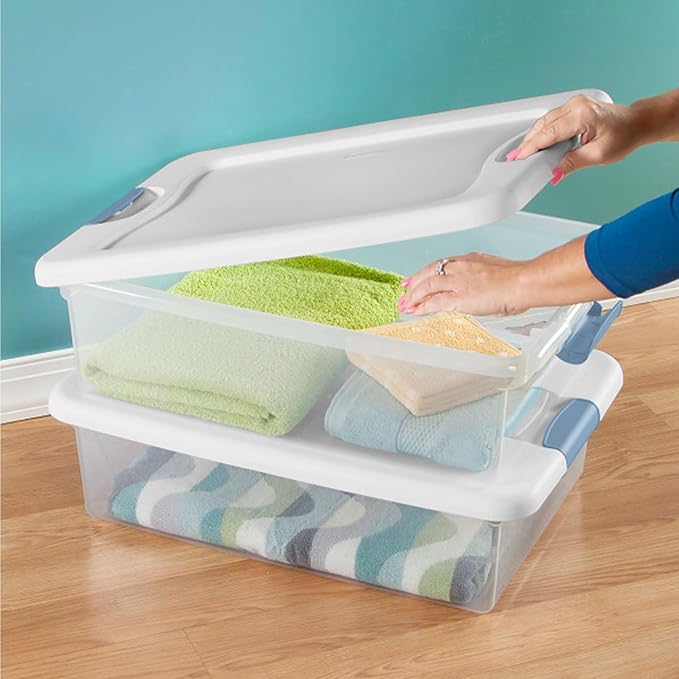 Sterilite 18-Pack Latching Box, Clear Plastic Under Bed Storage Bins with Lids, 32 Quart - Large Stackable Tote Organizer Containers for Closet, Bedroom, Bathroom, and Office Organization