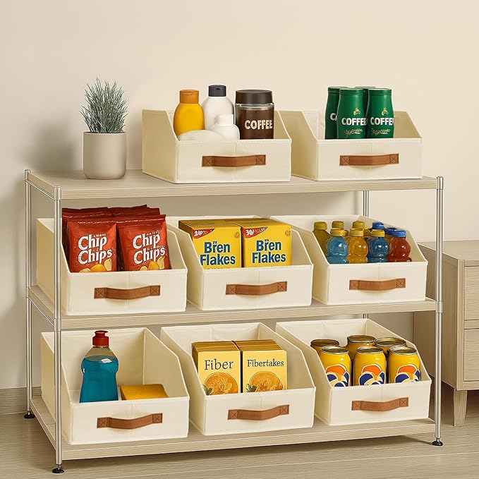 Homsorout Fabric Storage Bins for Organizing - 10 Pack Large Trapezoid Collapsible Storage Bins with Front Handle, Closet Organizers and Storage for Bedroom, Home Shelves, Small Spaces, Beige
