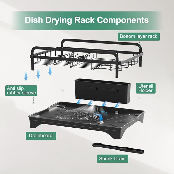 Dish Drying Rack for Kitchen Counter, Large Dish Drying Rack with Utensil Holder & Cutlery Tray, Dish Drainer with Drainboard, Black