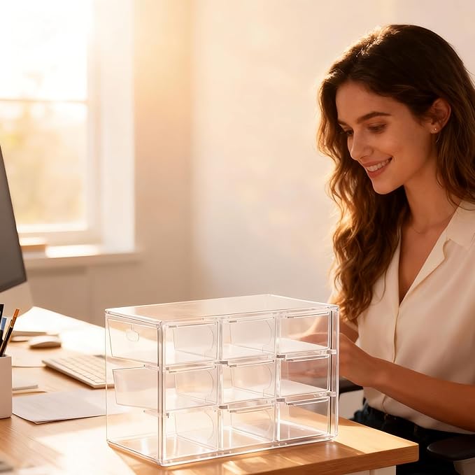 Acrylic Drawer Organizer, Clear Desk Organizer with Drawer, Plastic Stackable Storage Drawers with 9 Drawers, Dustproof Organizers for Jewelry, Craft, Office Supplies
