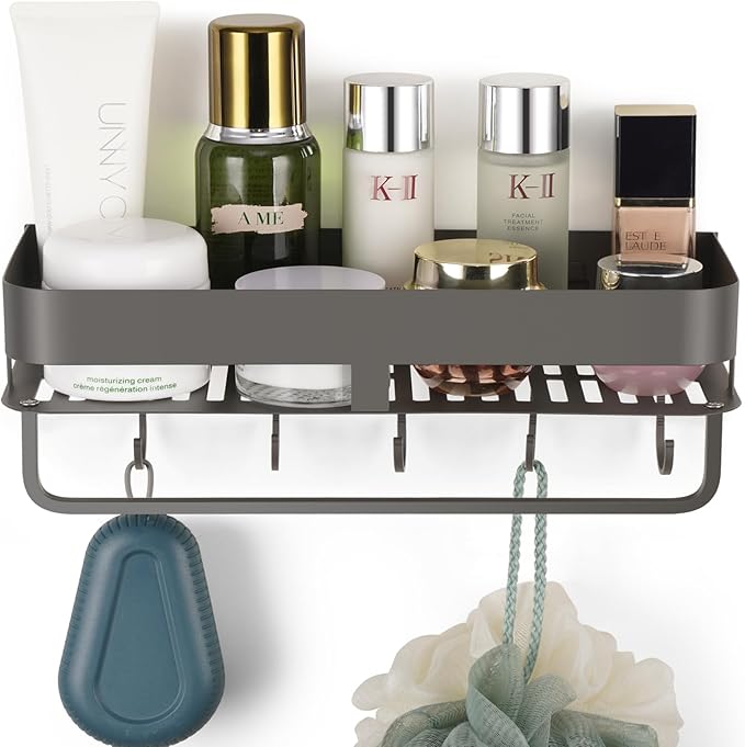 Extended version Adhesive Shower Caddy, 15.7 inch Stainless Steel Shower Shelves for Inside Shower with Hooks & Towel Bar-No Drilling(Gun Gray)