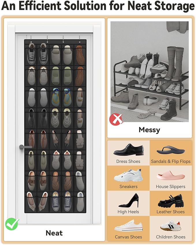 dodowin Over the Door Shoe Organizers, 2 Pack - 40 Deep Mesh Pockets Each, Over The Door Shoe Rack with 4 Metal Hooks Each, Space Saving Hanging Storage Holder for Closets, Shoes & Accessories, Black