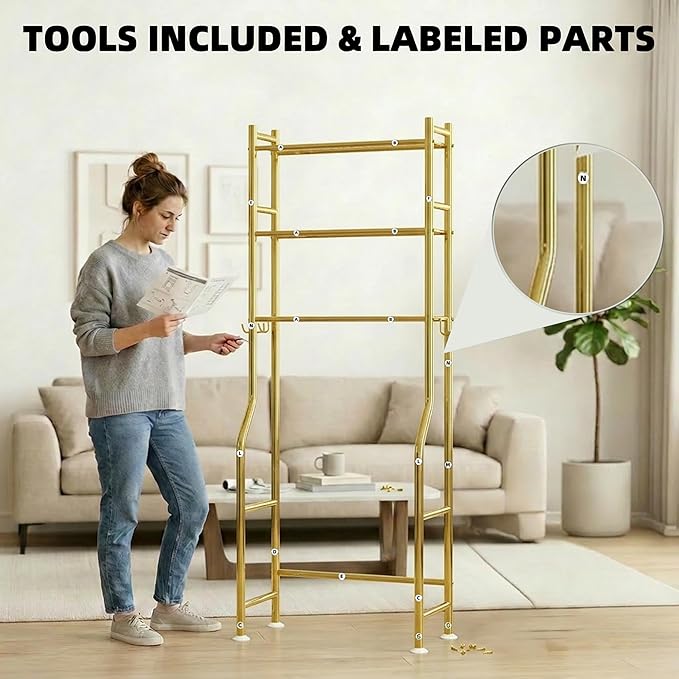 GloTika 3-Tier Over Toilet Storage with Anti-Tilt Safety System - 150lb Total Capacity Metal Bathroom Shelves Including Paper Holder & 4 Hooks, Space Saving Above Commode Organizer (64" H, Gold)