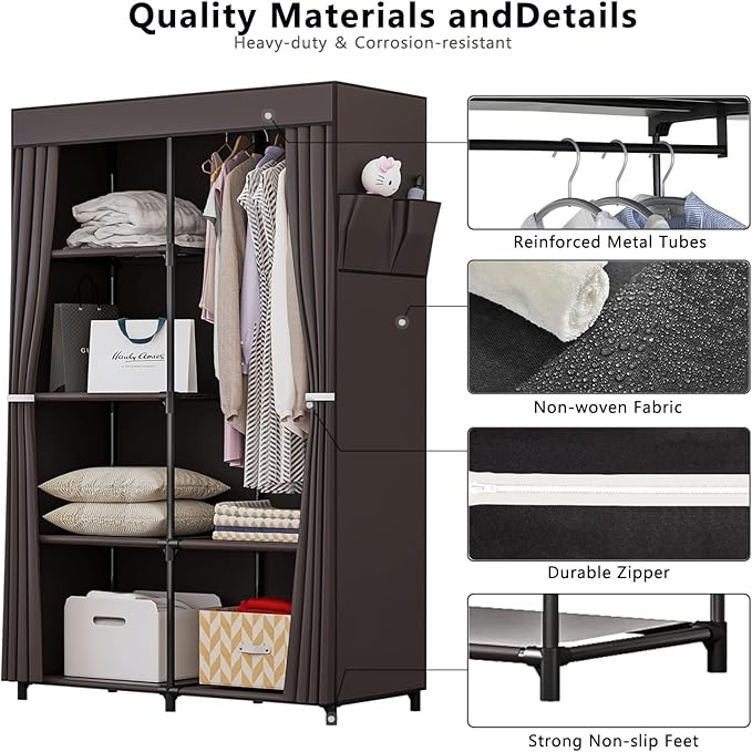 SORCEDAS Portable Closet Wardrobe Organizer Storage with Cover Non-Woben Fabric Portable Wardrobe Closet for Hanging Clothes Racks Shelving 33 Inch for Bedroom, Blue (Coffee, 33Inch)