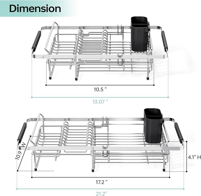 Urackify Dish Drying Rack in Sink - Stainless Steel Expandable (14.5''-18''L) Over The Sink Dish Rack with Utensil Holder, Space-Saving Dish Drainer for Kitchen Counter, Silver