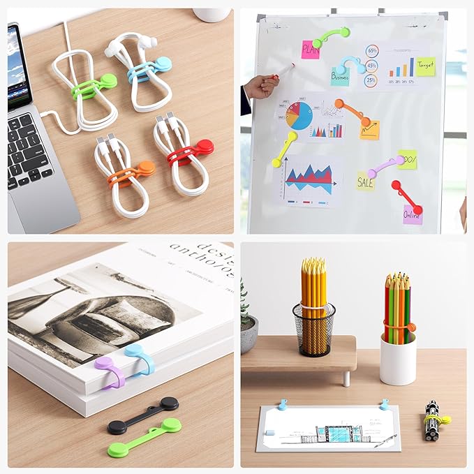 Tounee Reusable Silicone Magnetic Cable Ties - 2 Sizes Combo (4pcs 2.95'' + 10pcs 7.68'') - Multi-Purpose for Cable Bundling, Organizing, Bookmarks & Fridge Magnets - Assorted Colors, 14-Pack