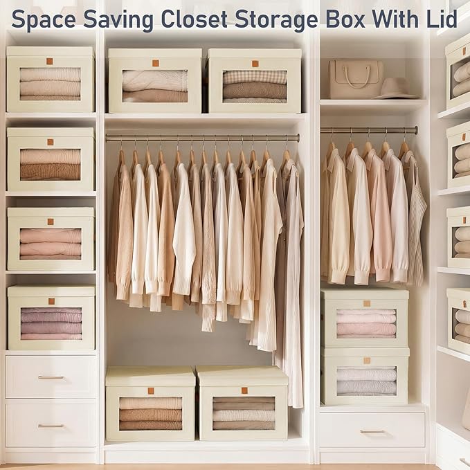 DIMJ Storage Bins with Lids - 5 Pack Front Opening Stackable Fabric Storage Boxes with Clear Window & Handles, Collapsible Closet Organizers for Clothes, Sweaters, Shelf Storage, Bedroom, Beige