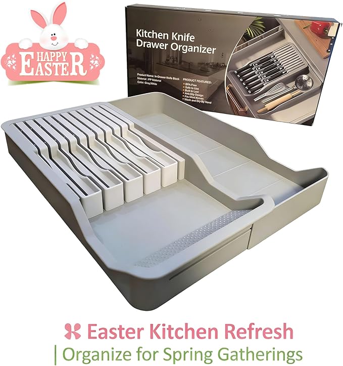 Expandable Drawer Knife Insert Organizer - Plastic Knife Storage Tray for Kitchen Drawers, Adjustable to Fit 11 Knives, BPA-Free, Ventilated, Space-Saving, Easy to Clean