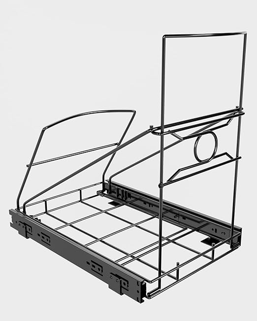 Pull Out Trash Can Holder, Adjustable Heavy Duty Cabinet Slide Out Kit for 7-11 Gallon Trash Cans, Under Sink Trash Can Rack with Smooth Ball Bearing Slides, Black, Trash Can Not Included