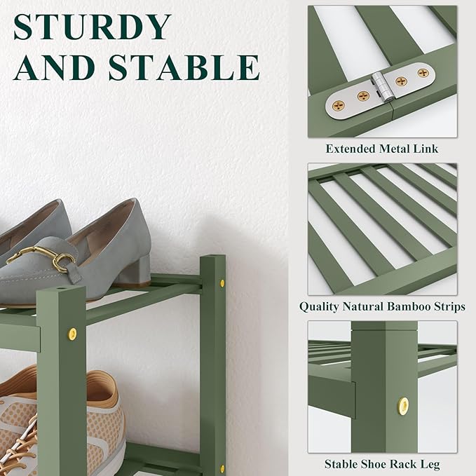 Smiry Bamboo Shoe Rack for Closet, 6 Tier Long Wooden Shoe Organizer, Stackable Wood Shoe Storage Shelf for Entryway, 14 Vertical Slats, 3+3 Stack Heavy-Duty Legs, 33.86"x11.02"x36.61", Green