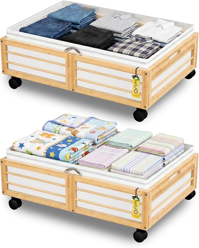 Under Bed Storage Containers with Wheels, Larger Bamboo Wood Under Furniture Storage Containers with Dust Bags๏ผRolling for Shoes Clothes