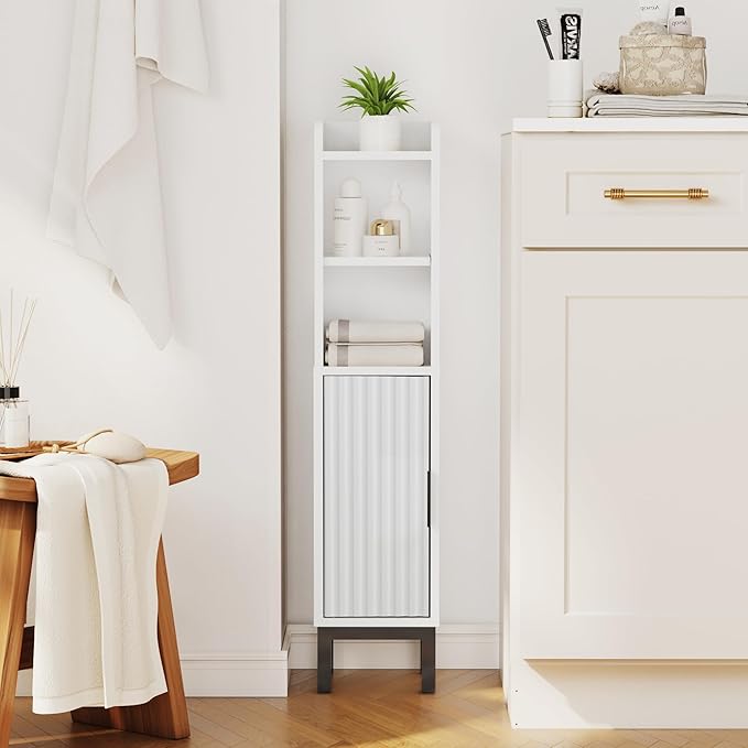 FerniTry Small Bathroom Storage Cabinet, Narrow Corner Floor Cabinet with Door and Shelves for Toilet Paper, Bathroom Organizer with Adjustable Shelf, for Small Spaces (White)