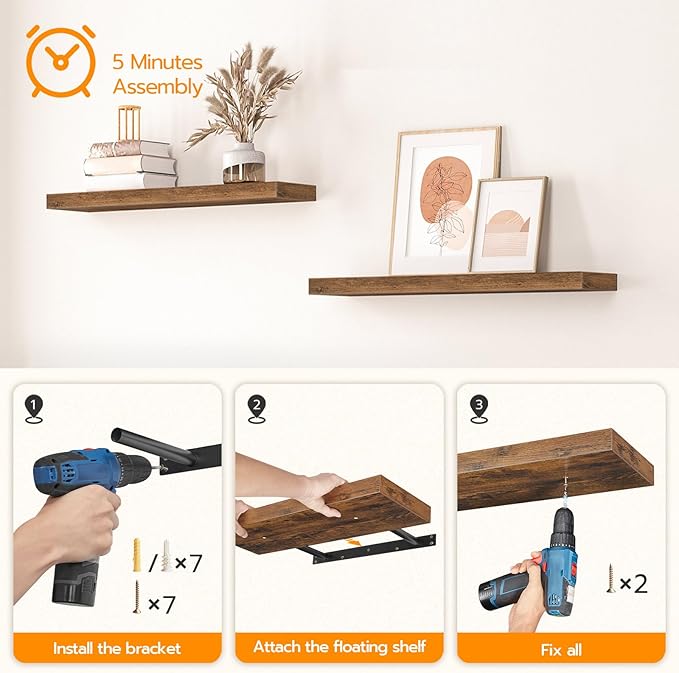 Floating Shelves for Wall, Wall Mounted Shelf Set of 2, Rustic Brown BF80BJP201
