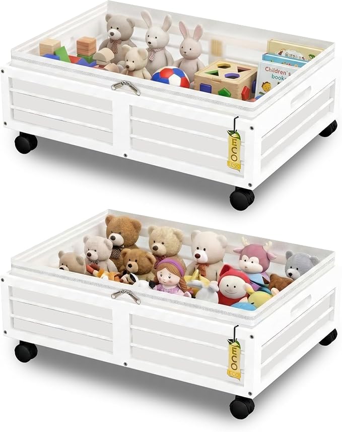 Under Bed Storage Containers with Wheels, Larger Bamboo Wood Under Furniture Storage Containers with Dust Bags๏ผRolling for Shoes Clothes