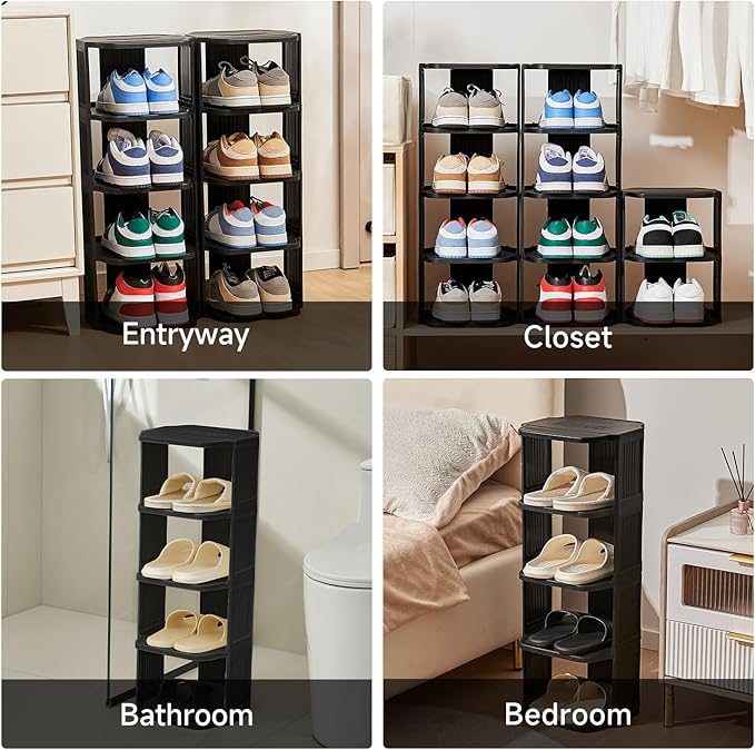 UFORU Small Shoe Rack, 5 Tier Plastic Vertical Shoe Rack for Small and Narrow Spaces, Free Standing Shoe Organizer for Closet, Entryway (Black)
