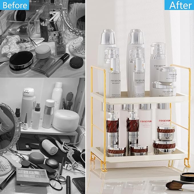 FSyueyun 2-Tier Bathroom Counter Organizer, Tool-Less Vanity Organizer for Skincare, Premium Plastic Bathroom Organizer Tray for Perfume & Cosmetics, (White & Gold)