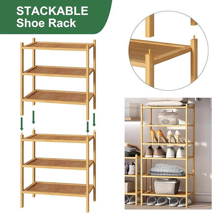 kiplant 6-Tier Small Bamboo Shoe Rack for Entryway, Stackable | Foldable | Natural, Shoe Organizer for Hallway Closet, Free Standing Shoe Racks for Indoor Outdoor