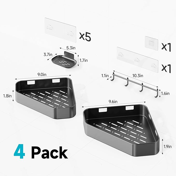 Veken Aluminum Corner Shower Caddy 4-Pack, Never Rust, No Drilling Adhesive Shelves, Stainless Rack with Soap Holder, Large Capacity Bathroom Organizers and Storage, Wall-Mounted Kitchen & Home Decor