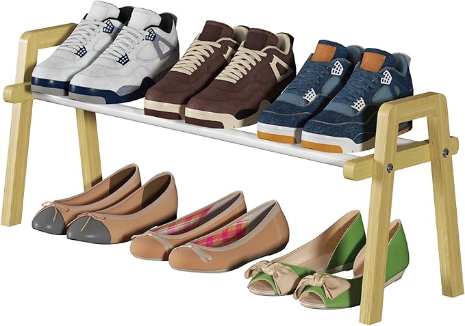 1-Tier Bamboo Shoe Rack Stackable, Shoe Organizer for Entryway and Closet, Modular Small Shoe Storage Shelf, Space-Saving Free Standing, Holds 4-6 Pairs of Shoes, Natural