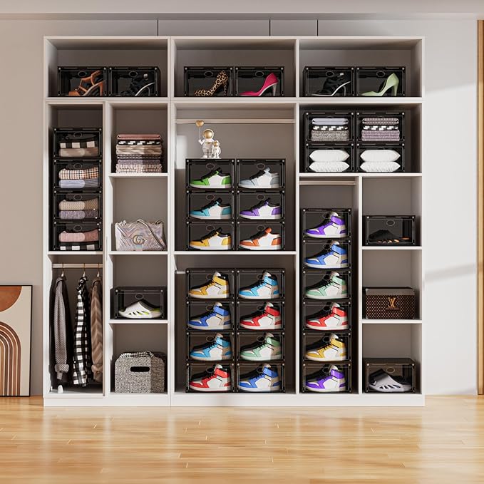 Large Shoe Boxes Clear Plastic Stackable, 8 Pack Drop Side Shoe Storage Organizer with Magnetic Door, Shoe Container Sneaker Storage Display Case Fit up to US Size 13 Black