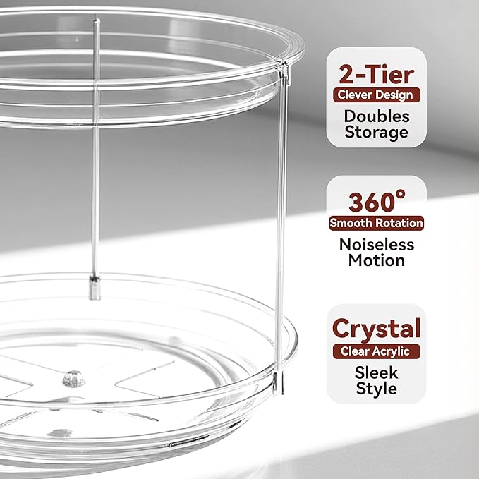 2 Tier Lazy Susan Turntable Organizer for Cabinet, 9.25'' Rotating Spice Rack Organization for Kitchen, Pantry, Bathroom, Vanity, Countertop, Medicine Storage, Seasoning Spice Organizer, 2 Pack