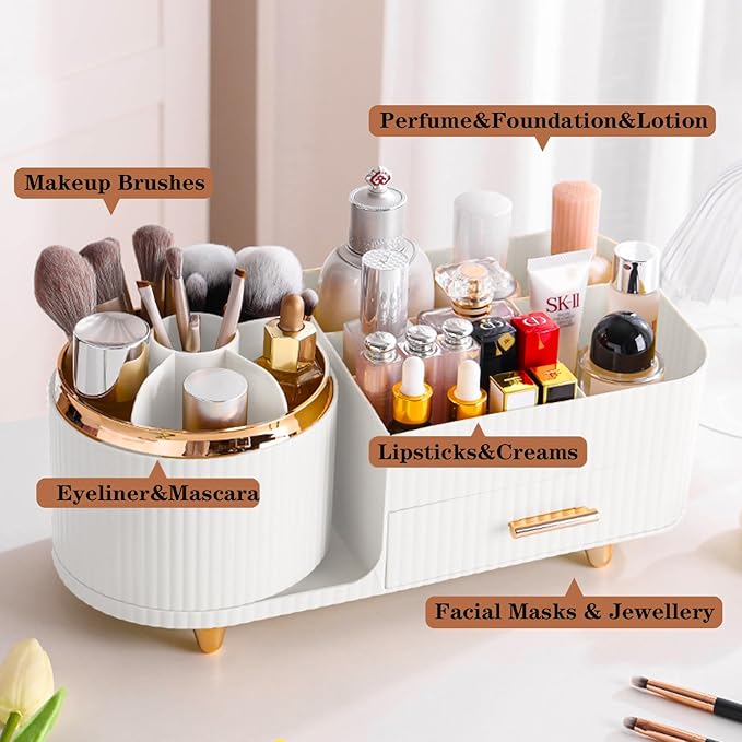 Rotating Makeup Organizer for Vanity with Brush Holder and Drawer, White