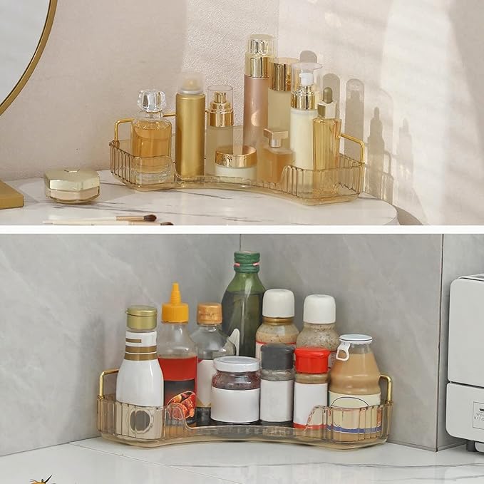 INVSSENE Corner Bathroom Countertop Organizer, Vanity Organizer Trays for Counter, Makeup Organizers, Perfume Tray, Skincare Shelf Storage Gifts for Women Girl Student (Yellow, 1 Tier)