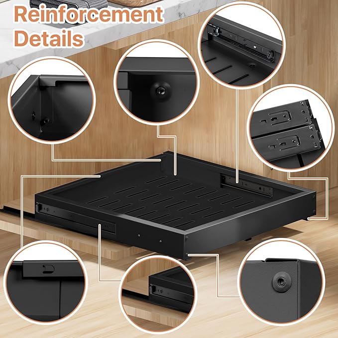 1 Pack Pull out Cabinet Organizer, Width (12"-19") Depth (17"-23"), with 3 Rails Adjustable Slide, Expandable Pullout Drawers for Cabinets, No Drill Adhesive Kitchen Drawers for Pantry Shelves