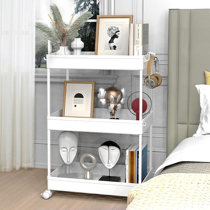 SPACELEAD 3 Tier Rolling Cart with Wheels, Storage Craft Art Trolley Organizer Serving, 3 Hanging Baskets Easy Assembly, for Office, Bathroom,Living Room, Kitchen, White