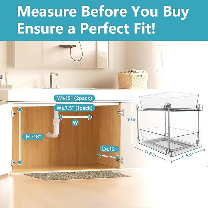 2 Pack Bathroom Organizers and Storage,2-Tier Clear Under Sink and Pull-Out Cabinet Organizer with Track for Kitchen, Pantry,Vanity Countertop,Medicine Cabinet,Closet Drawers Bins