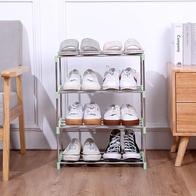 Jucaifu Stackable Small Shoe Rack, Entryway, Hallway and Closet Space Saving Storage and Organization (3-Tier, Green)