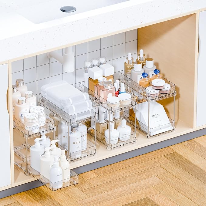 2 Set,2 Tier Pull Out Cabinet Organizer for Supplement and Medication Bottle Organizers,10.4" Deep Pantry Organizers Drawer and Sliding Clear Under Sink Organizer for Bathroom Vanity and Under Counter