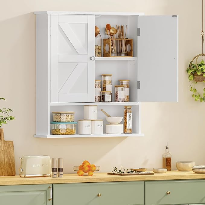 TEENFON Bathroom Wall Cabinet, Bathroom Cabinet with Barn Doors & Adjustable Shelf, Over The Toilet Storage Cabinet, Medicine Cabinet, White UNGGX001WV1