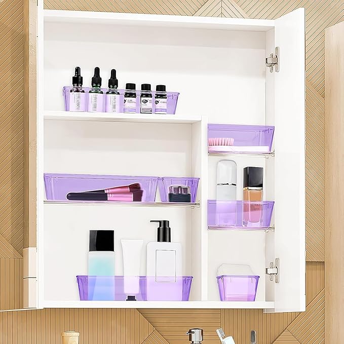 StorMiracle 25 PCS Drawer Organizer Set, 4 Varied Size Bathroom and kitchen Drawer cabinet organizer Trays, Clear Storage Bins for Makeup, Jewelry, Utensils and Gadgets, Purple