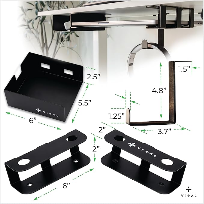 VI+AL Under Desk Laptop Mount - Hidden Metal Shelf with Side Storage, Hook & Cable Organizer - Installs with Tape & Screws - Fits Devices up to 1.7" Thick - Deluxe